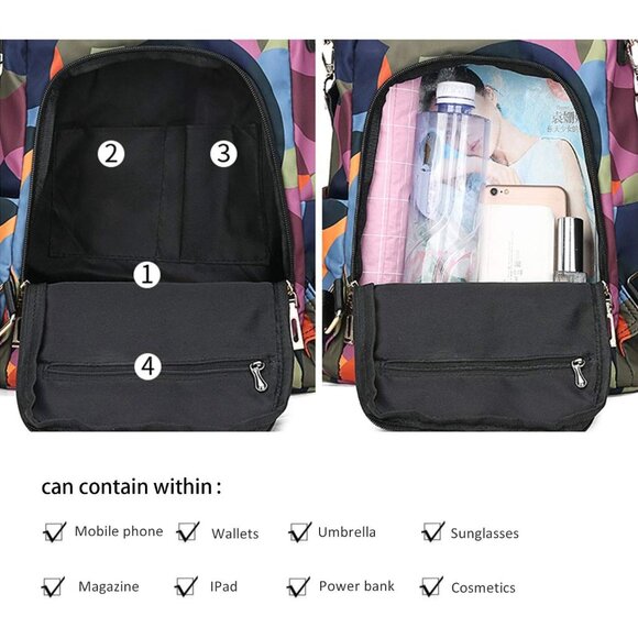 Women Black Anti-theft Backpack Nylon Travel Rucksack Lightweight Shoulder Bags - Picture 3 of 6